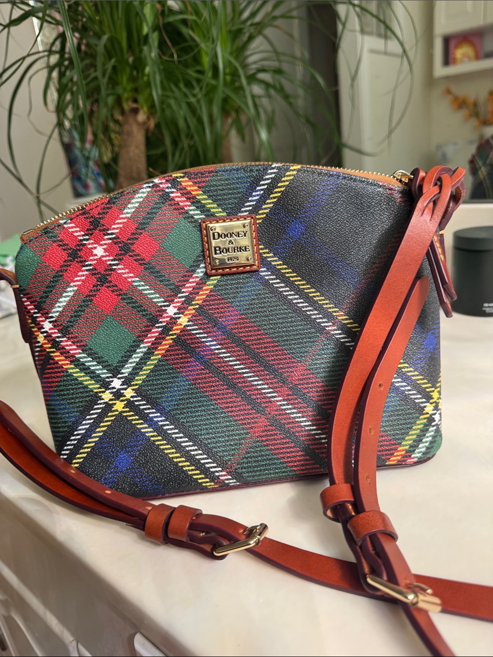Dooney & Bourke Red & Green Tartan Crossbody with Brown Leather Strap